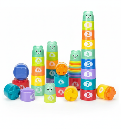 9 colorful stacking cups arranged