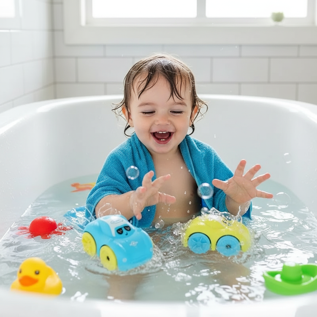 Amphibious toy car in bathtub