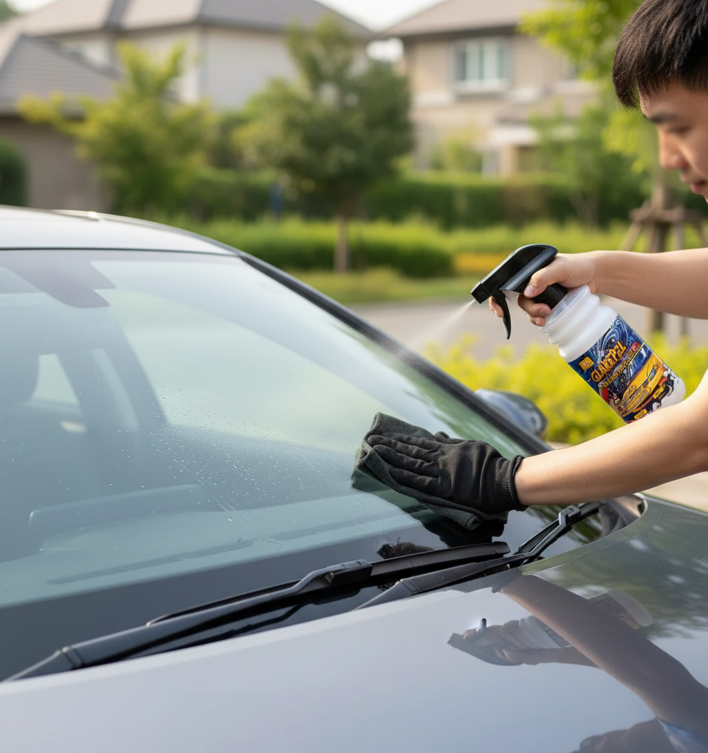 Applying spray to windshield