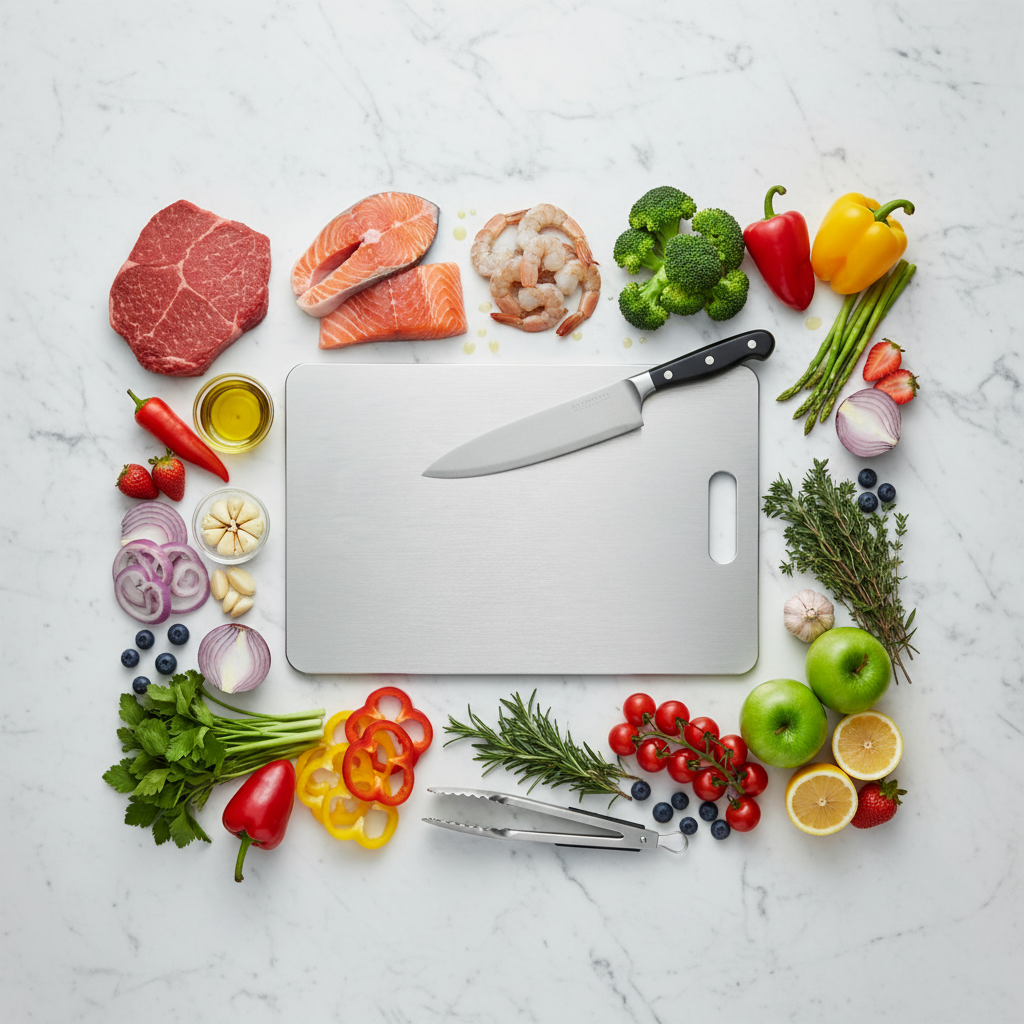 Board with meat, vegetables and fruits