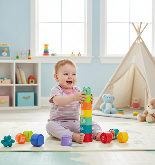 Child building tower with cups