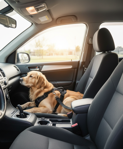 Dog sitting and lying with seatbelt
