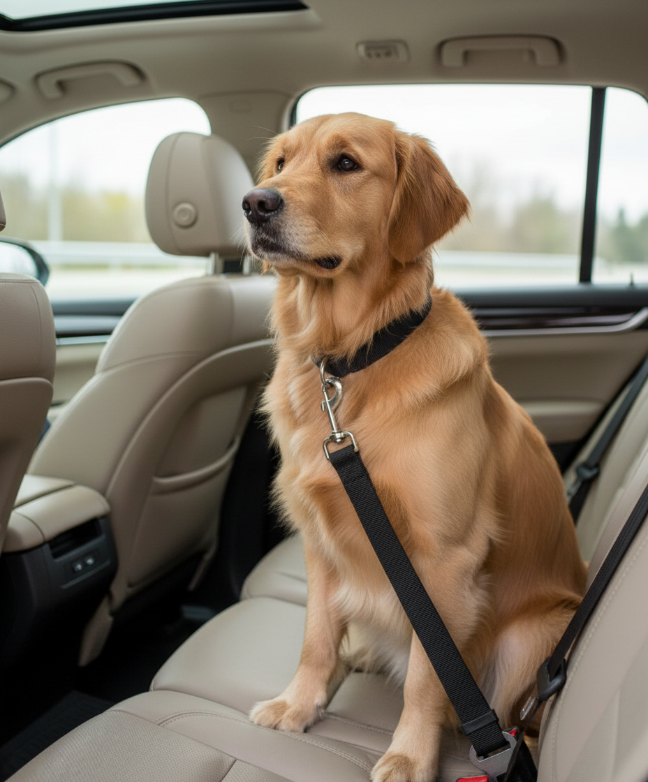 Dog wearing seatbelt in back seat