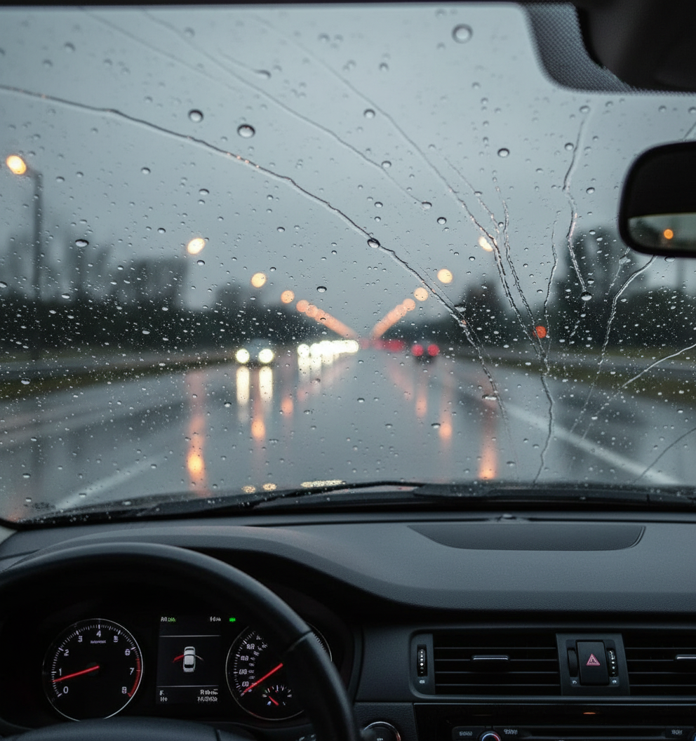 Driver's view through treated windshield