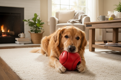 Large dog chewing ball