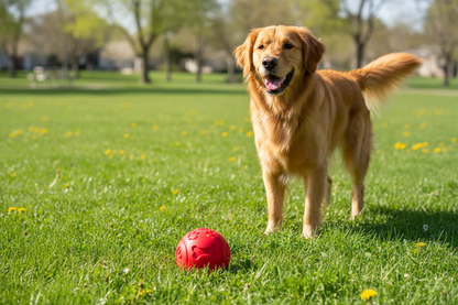 Ball on grass with dog