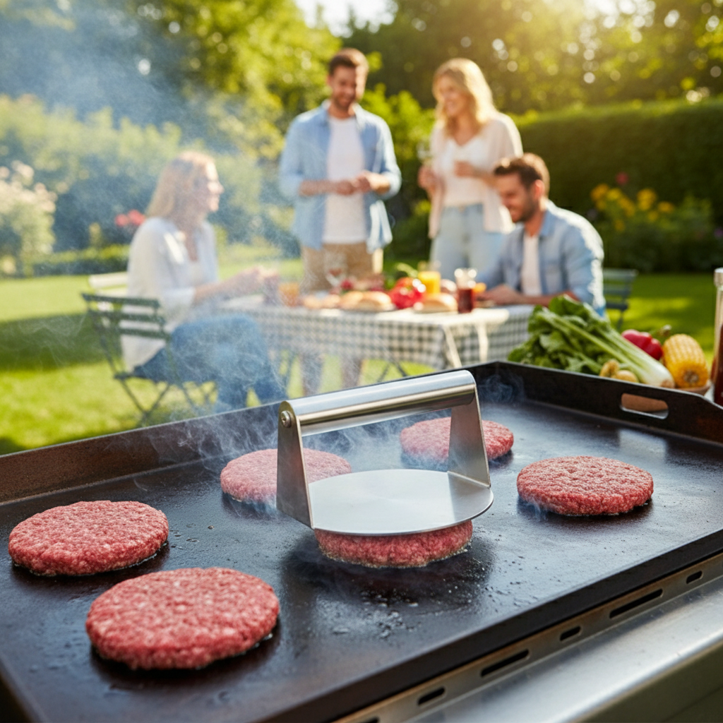 Outdoor grilling with burger press