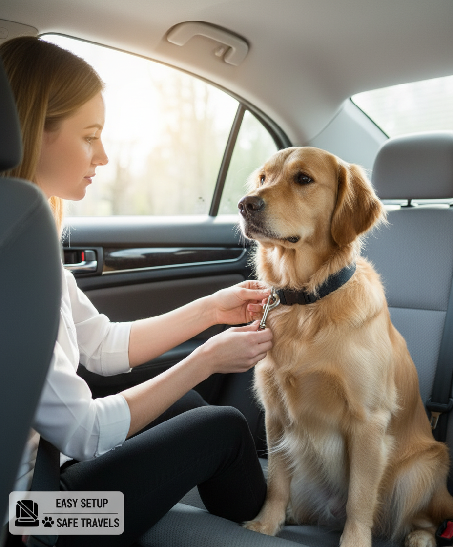 Person attaching seatbelt to collar