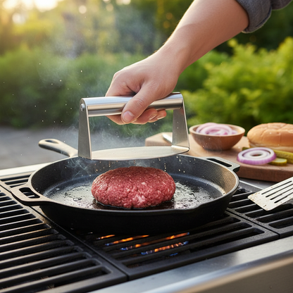 Press in action on griddle