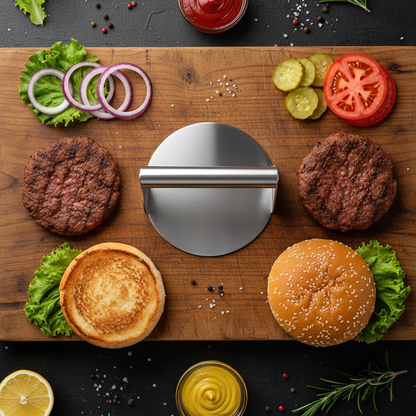 Press with burgers and ingredients
