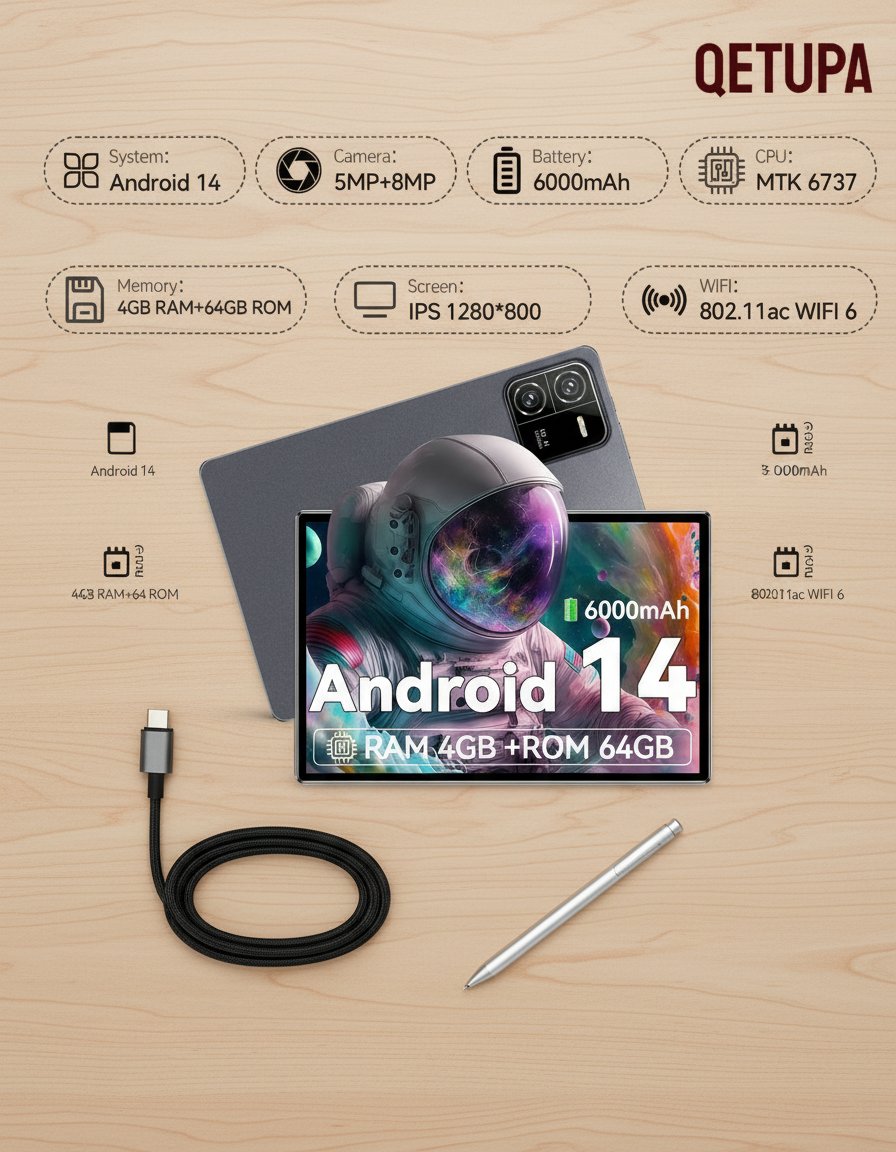 Tablet with charging cable and stylus