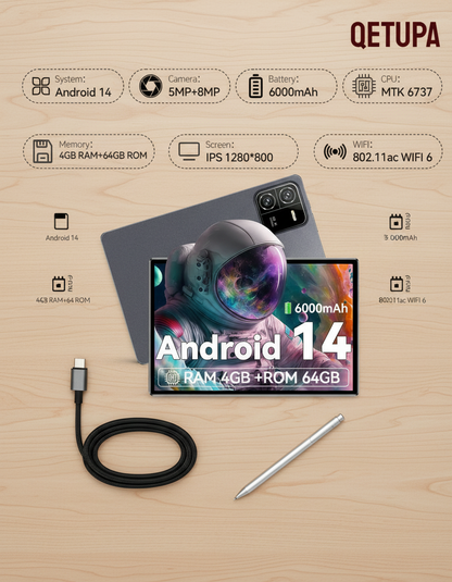 Tablet with charging cable and stylus